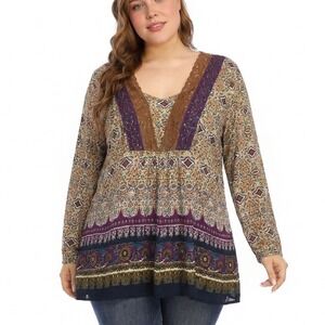 Dressbarn Tunic Top Women XL Multicolor Excellent Paisley Lace Sequin Boho Boho